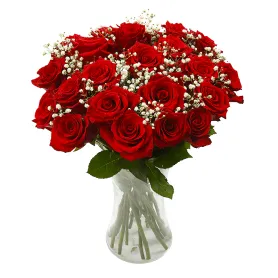 Red roses with gypsophila Title «CityFlowers» in Belgium»