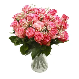 Pink roses with gypsophila Title «CityFlowers» in Belgium»