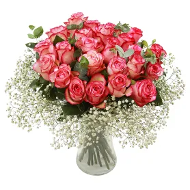 Helder roze rozen met gipskruid Titel «CityFlowers» in België»