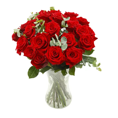 Red roses with eucalyptus от интернет-магазина «CityFlowers» в }