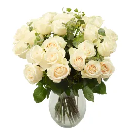 White roses with eucalyptus Title «CityFlowers» in Belgium»