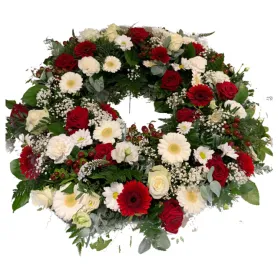 Wreath is red and white Title «CityFlowers» in Belgium»